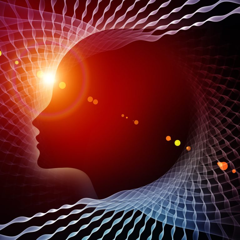 Mind Geometry series. Arrangement of Human profile, math and design elements on the subject of reason, science, technology and education